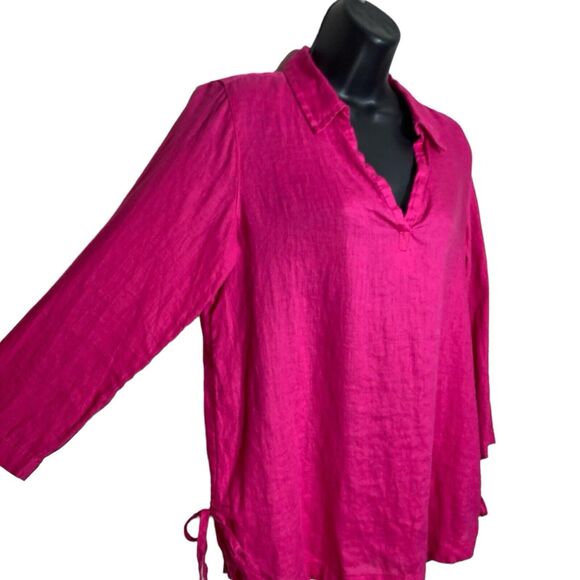 Isaac Mizrahi Linen Top Womens Small Pink Coastal Beach 3/4 Sleeve V-Neck Shirt - Picture 6 of 10